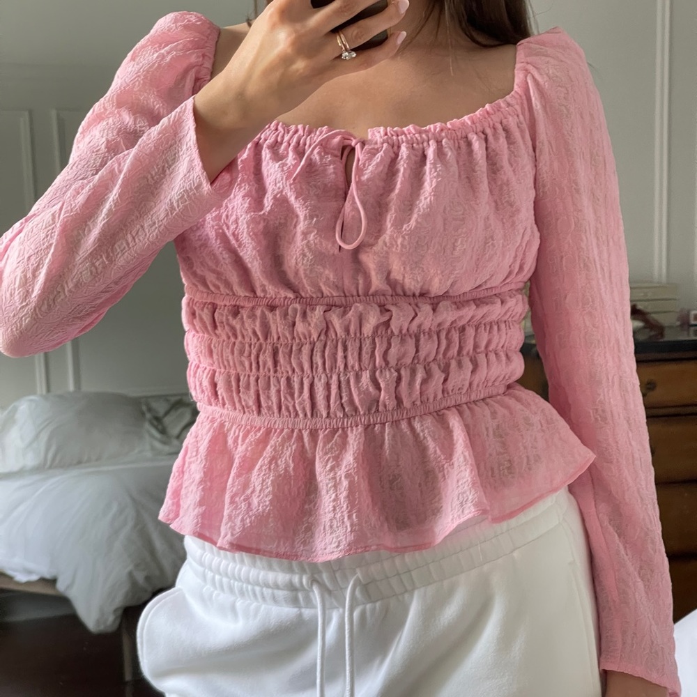 Pink Ruched Sheer Blouse - Picture 3 of 6